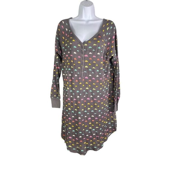 Hello Nite Womens Sleepshirt Gray Multicolor Cloud Round Hem Button Henley S New - Picture 1 of 4